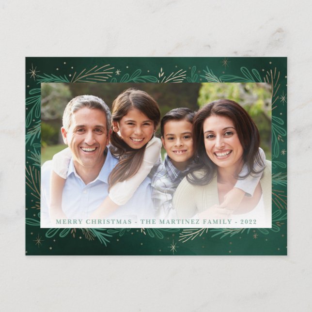 Modern Green Botanical Keepsake Photo Chistmas Holiday Postcard (Front)
