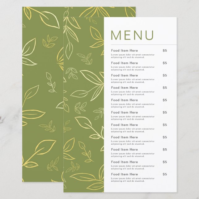 Modern Green Botanical Leaf Food Menu (Front/Back)