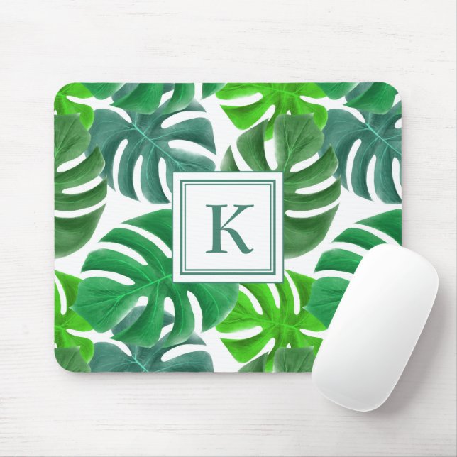 Modern Green Botanical Palm Leaves Monogram Mouse Pad (With Mouse)