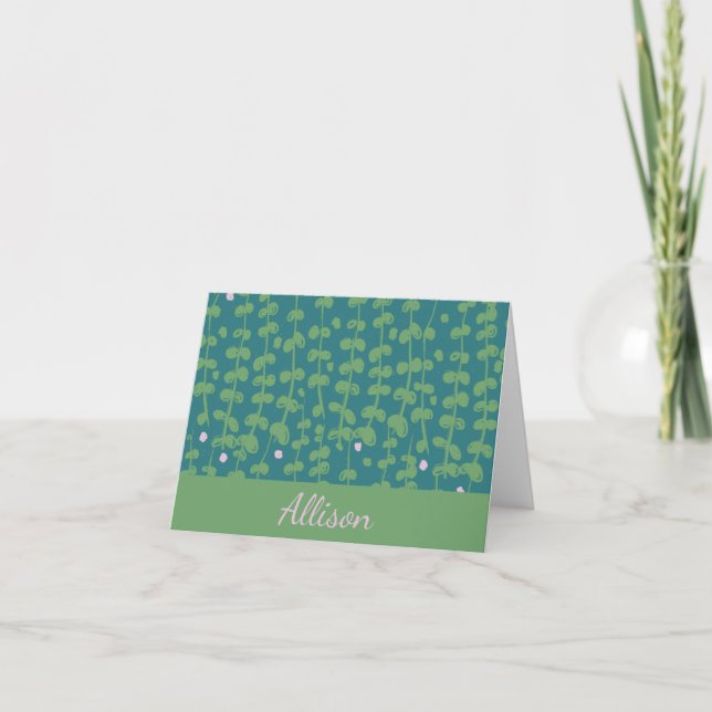 Modern Green Botanical Vines Personalised Name Note Card (Front)