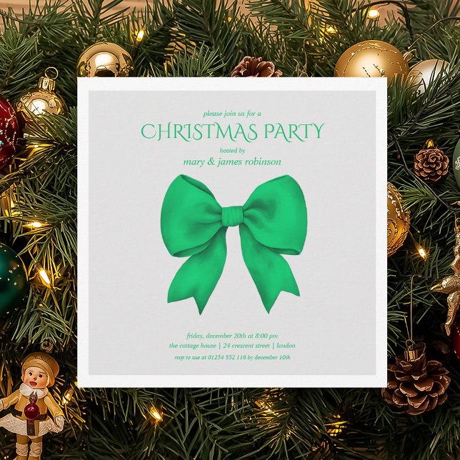 Modern Green Bow Christmas Holiday Party  Invitation (Modern Green Bow Christmas Holiday Party Invitation)