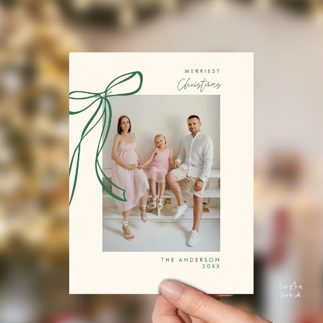 Modern Green Bow Family Photo Christmas Greeting Postcard (Modern Green Bow Family Photo Christmas Minimalist Greeting Postcard)