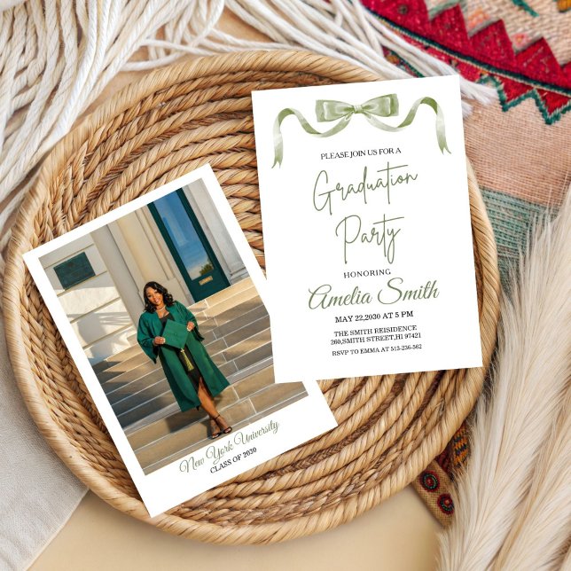 Modern Green Bow Graduation Class of 2026 Photo Invitation (Creator Uploaded)