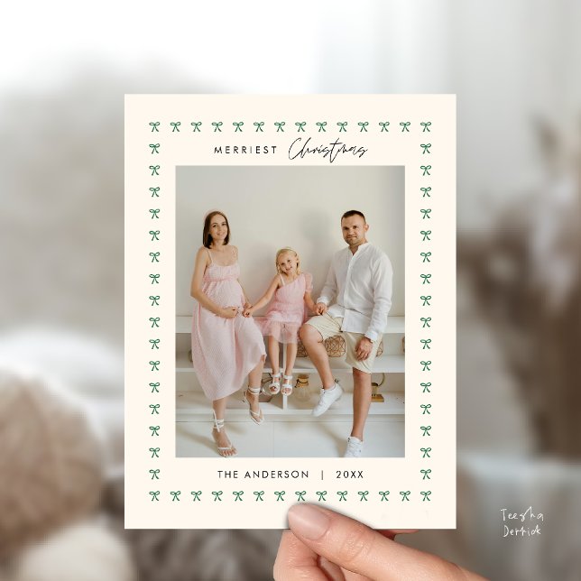Modern Green Bow Pattern Family Photo Christmas Postcard (Modern Bow Pattern Family Photo Classy Elegant Christmas Postcard in Green Beige theme)