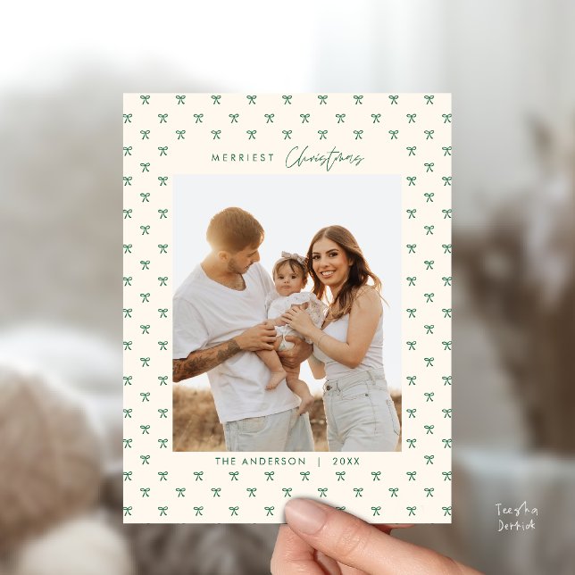 Modern Green Bow Pattern Family Photo Christmas Postcard (Modern Green Bow Pattern Family Photo Christmas Postcard in Vintage beige theme)