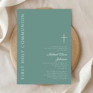 Modern Green Boy Cross  First Holy Communion Invitation