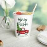 Modern Green Brush Script Christmas Vintage Truck Paper Cups<br><div class="desc">Modern Green Brush Script Merry Christmas Watercolor Vintage Red Truck with Christmas Tree Paper Cups</div>