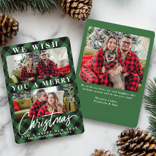 Modern Green Buffalo Plaid Christmas Photo Holiday Card