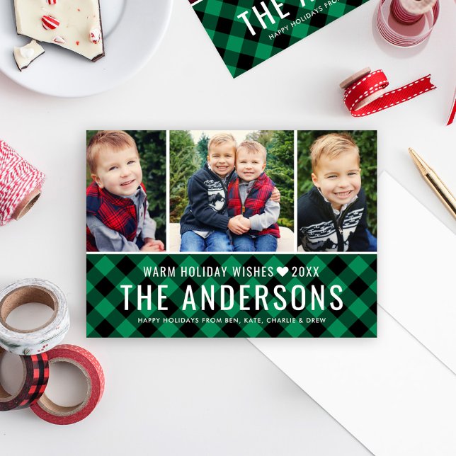 Modern Green Buffalo Plaid Family Photo Collage Holiday Card (Creator Uploaded)