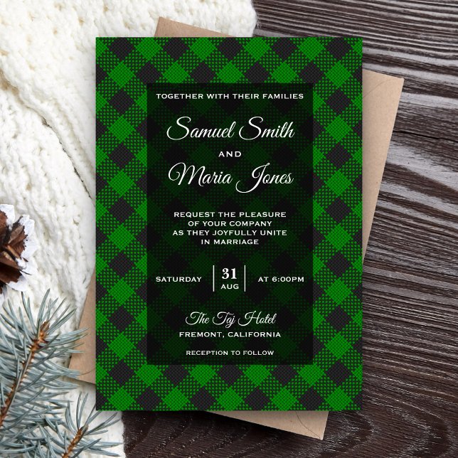 Modern Green Buffalo Plaid Wedding Invitation (Creator Uploaded)