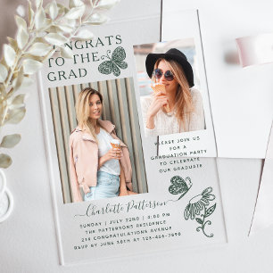 Modern Green Butterfly Photo Graduation Party Acrylic Invitations