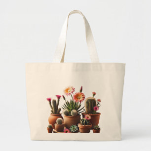 Modern Green Cactus & Succulent Plants in Pots Large Tote Bag