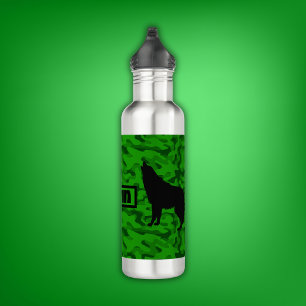 Modern Green Camo Black Wolf Silhouette Monogram   710 Ml Water Bottle
