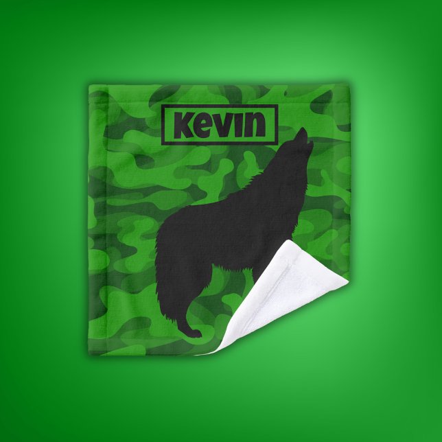 Modern Green Camo Black Wolf Silhouette Monogram | Bath Towel Set (Creator Uploaded)