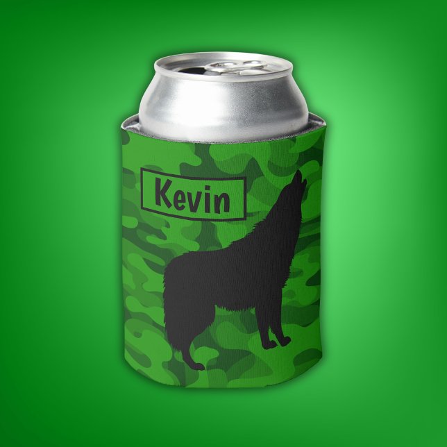 Modern Green Camo Black Wolf Silhouette Monogram | Can Cooler (Creator Uploaded)