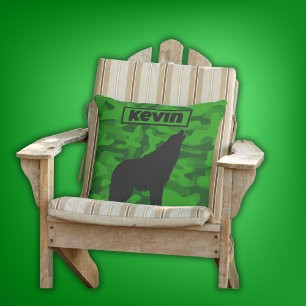Modern Green Camo Black Wolf Silhouette Monogram Cushion
