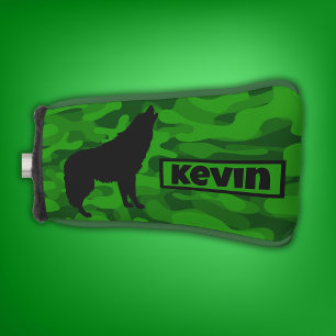 Modern Green Camo Black Wolf Silhouette Monogram   Golf Head Cover