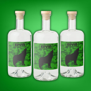 Modern Green Camo Black Wolf Silhouette Monogram   Liquor Bottle Label