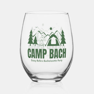 Modern Green Camp Bachelorette Weekend Stemless Wine Glass