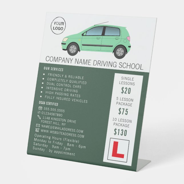 Modern Green Car, Driving School, Instructor Pedestal Sign (Front)