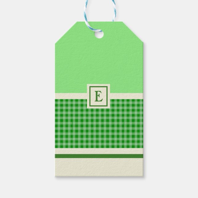 Modern Green Check Monogram Gift Tags (Front)