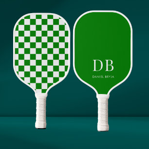 Modern Green Chequered Monogram Pickleball Paddle