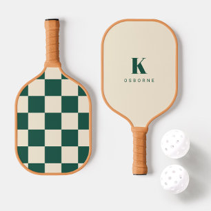 modern Green Chequered Monogram Pickleball Paddle