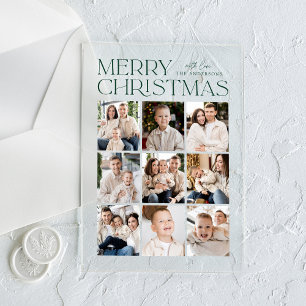 Modern Green Christmas 9 Photo Collage Holiday Acrylic Invitations
