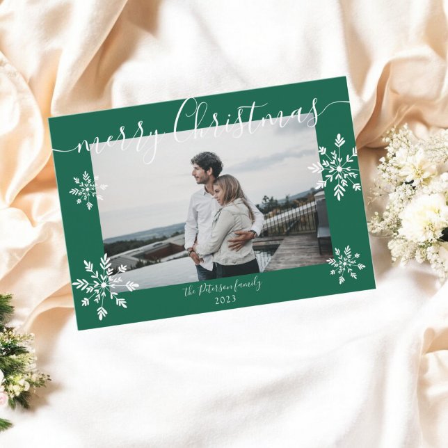 Modern green Christmas script snowflakes photo Holiday Card (Modern green Christmas script snowflakes photo Holiday Card)