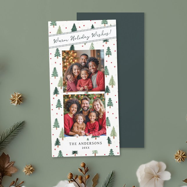 Modern Green Christmas Trees 2 Family Photo Wishes Holiday Card (Green Christmas tree pattern 2 family photo holiday cards saying "Warm Holiday Wishes".)