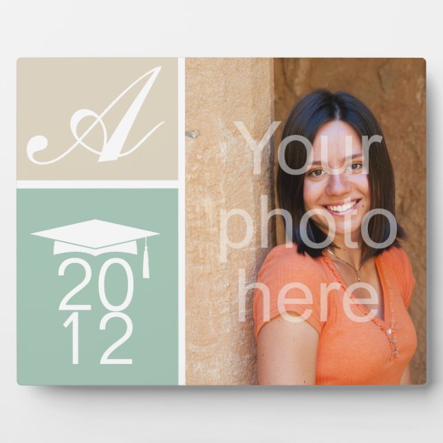 Modern green colour block monogram graduation cap plaque (Front)