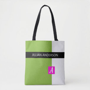 Modern Green Colour Blocked Monogrammed Tote Bag