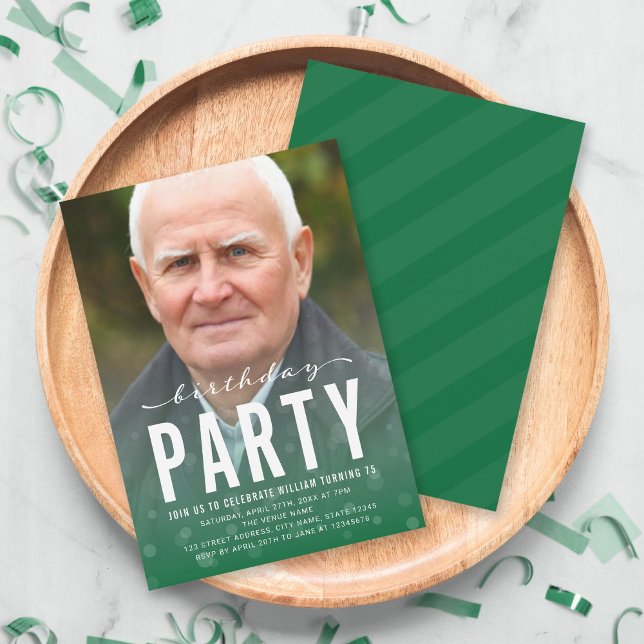 Modern Green Confetti Any Age Photo Birthday Party Invitation (Creator Uploaded)
