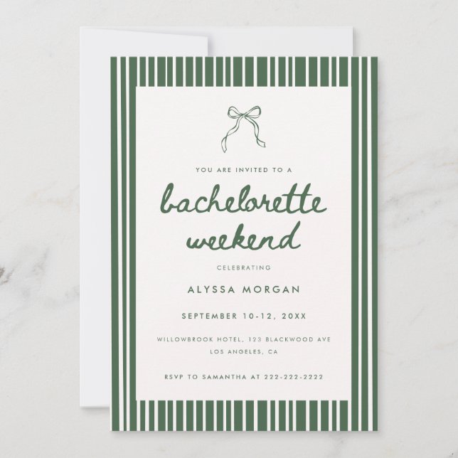 Modern Green Coquette Bow Bachelorette Weekend Invitation (Front)