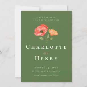 Modern Green Coral Poppy Wedding Save The Date