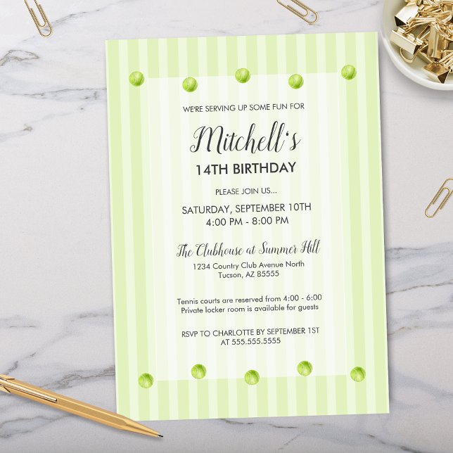Modern Green Country Club Tennis Birthday Invitation (modern green country club inspired tennis birthday invitations for boys girls or end of season teams)