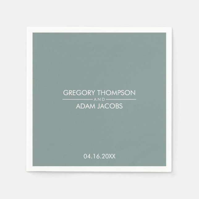 Modern Green Couples Names & Date Wedding Napkin (Front)