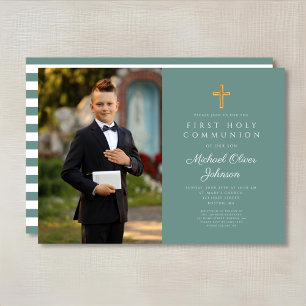 Modern Green Cross Photo Boy First Communion Invitation