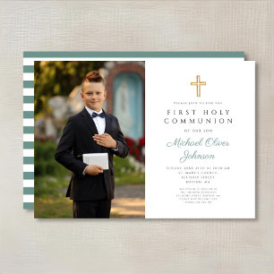 Modern Green Cross Photo Boy First Communion Invitation