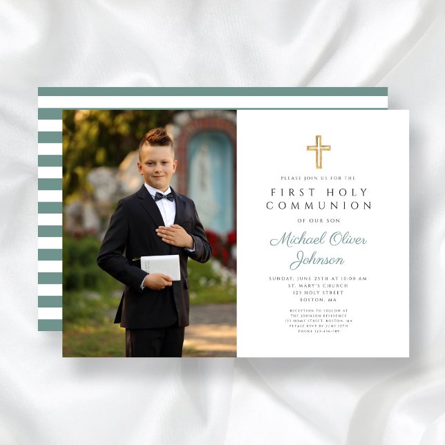 Modern Green Cross Photo Boy First Communion Invitation (Modern Green Cross Photo Boy First Communion Invitation)