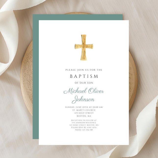 Modern Green Cross Religious Boy Baptism Invitation (Modern Green Cross Religious Boy Baptism Invitation)