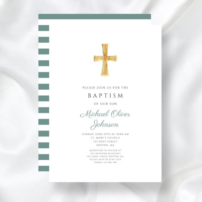Modern Green Cross Religious Boy Baptism Invitation (Modern Green Cross Religious Boy Baptism Invitation)