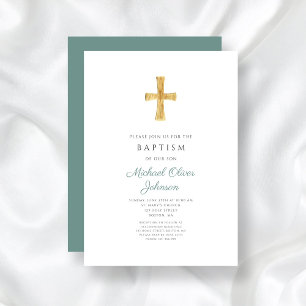 Modern Green Cross Religious Boy Baptism Invitation