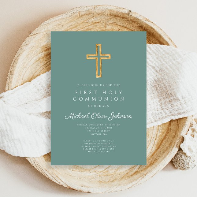 Modern Green Cross Religious Boy First Communion Invitation (Green Cross Religious Boy First Holy Communion Invitation)