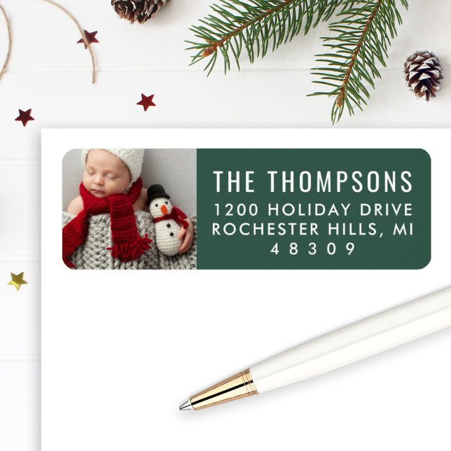Modern Green Custom Christmas Photo Return Address (Creator Uploaded)