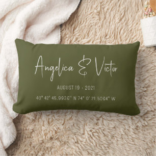 Modern Green Custom Coordinates Wedding Date Lumbar Cushion