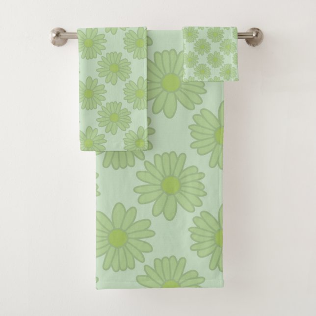 Modern Green Daisies Ditsy Floral Pattern Elegant  Bath Towel Set (Insitu)