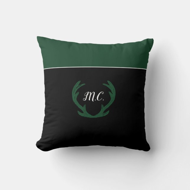 Modern Green Deer Antlers Monogram Cushion (Front)