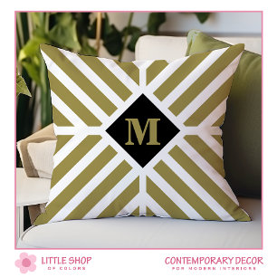 Modern Green Diagonal Stripes Monogram Cushion