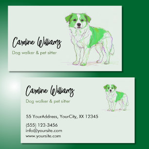 Modern green drawing dog walker pet sitter business card